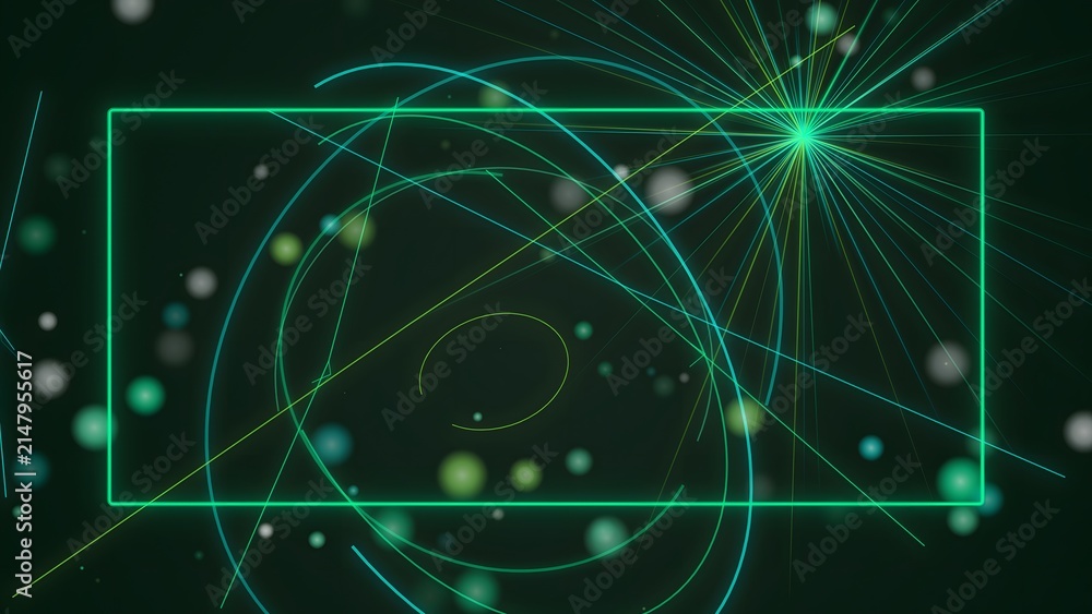 Fototapeta premium Abstract background featuring glowing green neon light circles and particles forming a rectangular frame in dark space
