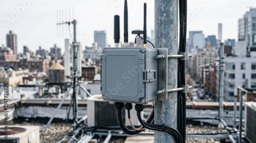 Telecommunication box on rooftop with wireless antenna, urban skyline background and industrial network installation