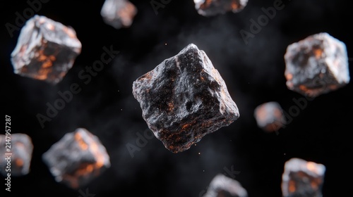 Abstract floating volcanic rock cubes with glowing magma texture and smoke particles in dark deep space background wallpaper design