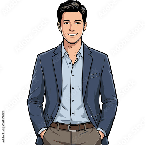 Smiling young businessman avatar illustration of handsome man in blue blazer jacket and light blue shirt