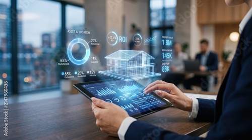 Business woman using tablet with holographic real estate data, property investment analysis, asset allocation chart, ROI statistics and financial growth metrics in modern office