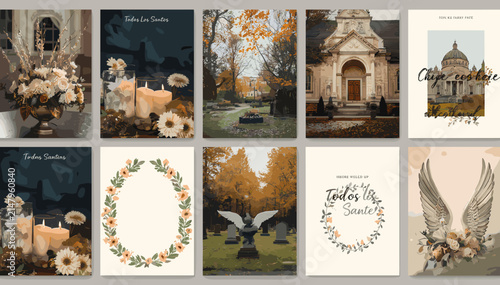 Canvastavla A collection of ten memorial and remembrance card designs featuring candles, flowers, wreaths, cemeteries, churches, and angels, with a solemn and autumnal aesthetic