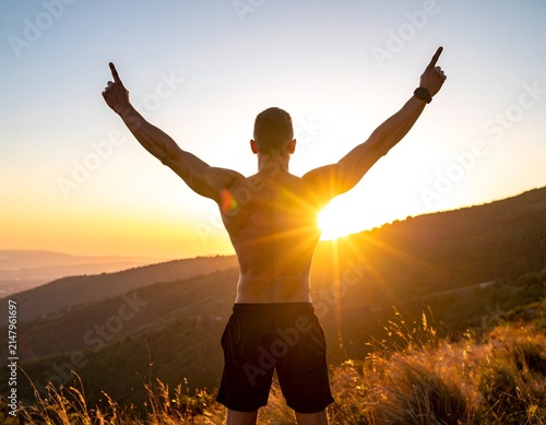 A muscular, shirtless man raises arms triumphantly against a vibrant, golden sunset backdrop