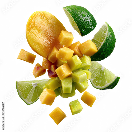 Fresh mango and lime slices with diced fruit cubes floating on transparency background, vibrant tropical fruit mix with juicy texture and refreshing colors isolated on transparent background