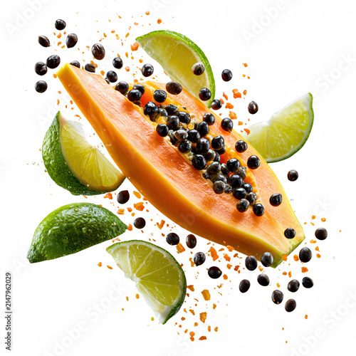 Papaya slice with black seeds and lime wedges floating in air with vibrant colors and fresh texture, creating lively and refreshing tropical fruit composition isolated on transparent background
