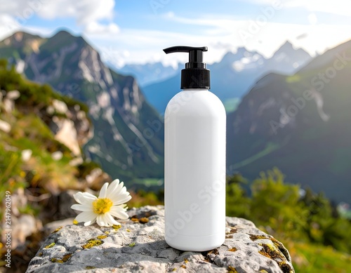 A white pump bottle on a rock, with a daisy and mountainous landscape