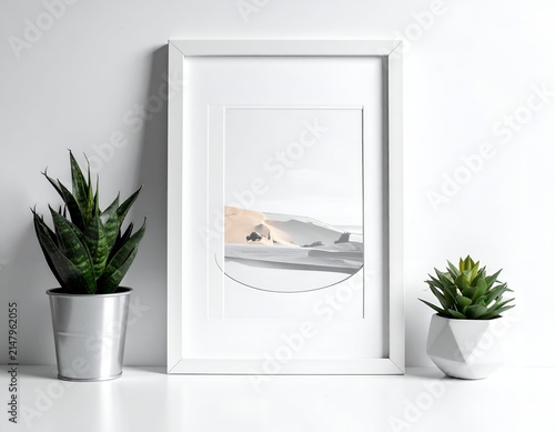 Framed desert scene art, flanked by potted plants, sits on a white surface