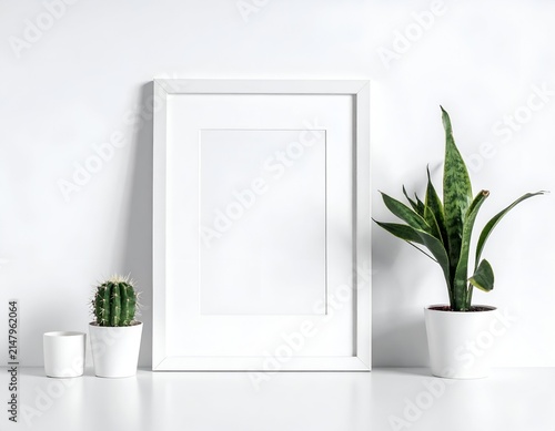 A white frame on a white surface, flanked by potted plants against a white wall
