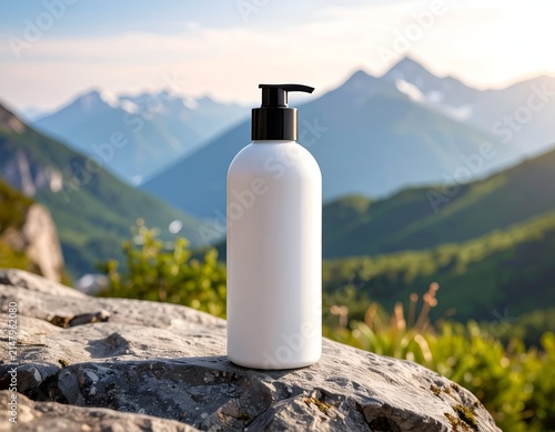 A white pump bottle sits on a rock, with a mountain range backdrop, sunny