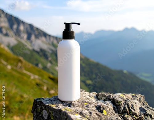 White bottle with black pump dispenser on a rock with mountain backdrop
