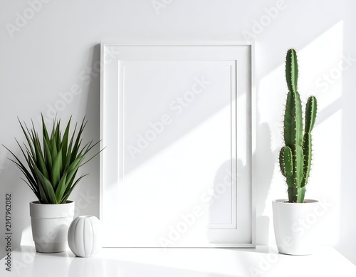 Minimalist scene with plants, a white frame, and subtle shadows on a clean white surface