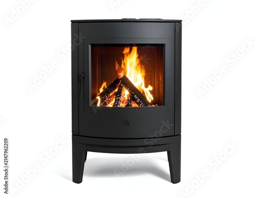 A black, freestanding fireplace with a glowing fire visible through a glass door