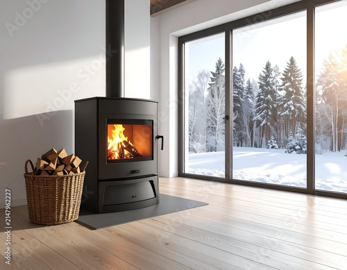 Modern living room scene, with a burning fireplace and a snowy winter view