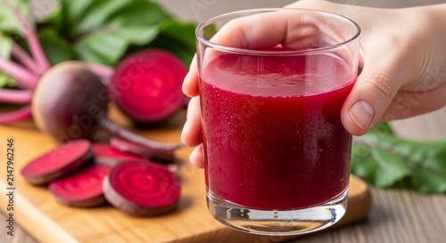 Refreshing beetroot juice served in glass with fresh beets and leaves on wooden cutting board. Beetroot juice offers vibrant color and healthy benefits for wellness.