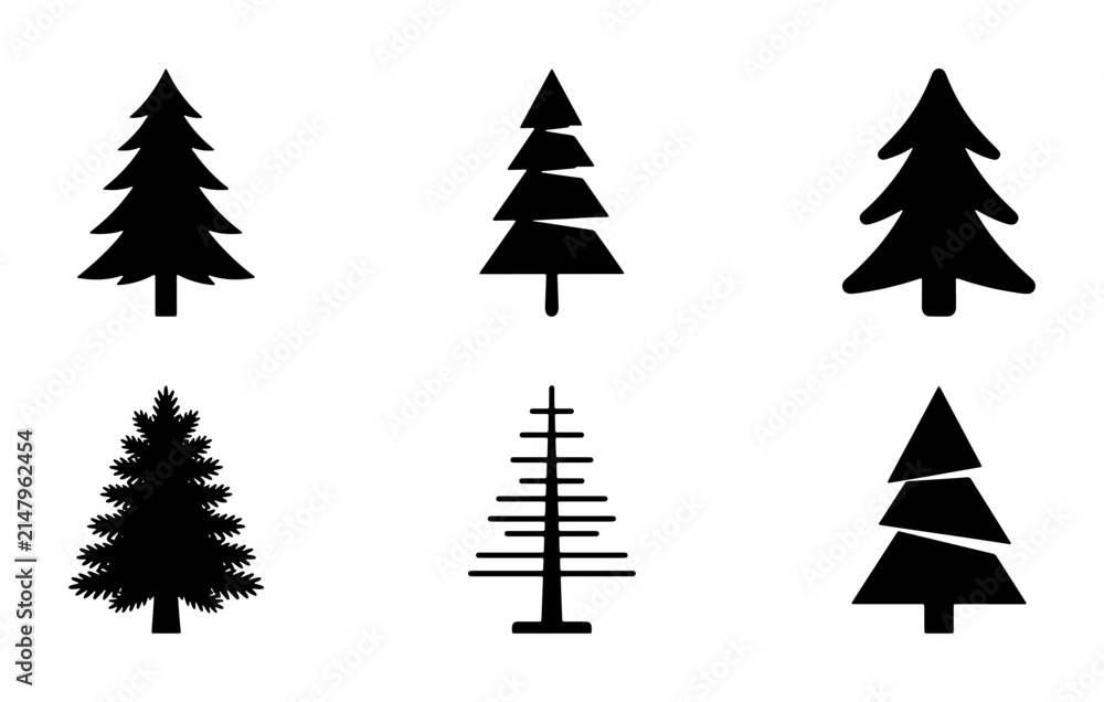 Fototapeta premium Set of 6 Black Pine Tree Icons, Evergreen Forest Symbols, Winter Nature Vector Graphics