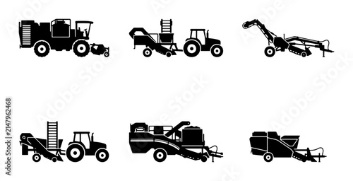 Foto Agricultural Machinery Icons: Tractor, Harvester, Baler, Combine Set