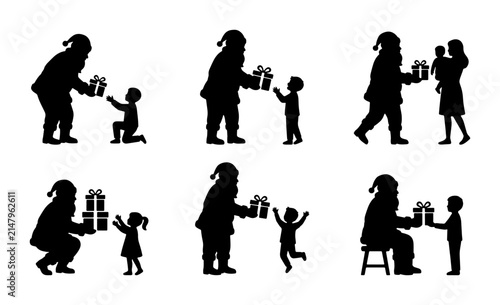 Santa Claus Giving Gifts to Children Silhouettes, Christmas Holiday Vector Icons Set