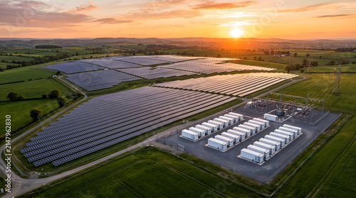 Solar power plant with battery energy storage system at sunset aerial view illustration, renewable green energy farm with solar panels and substation graphic, and eco technology landscape design. Stoc