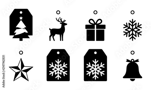 Christmas Gift Tags Vector Icons: Festive Tree, Reindeer, Present, Snowflake, Star, Bell