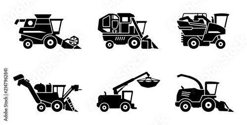 Combine Harvester Icons, Agricultural Machinery Vector Set, Farming Equipment Collection, Rural Industry Symbols
