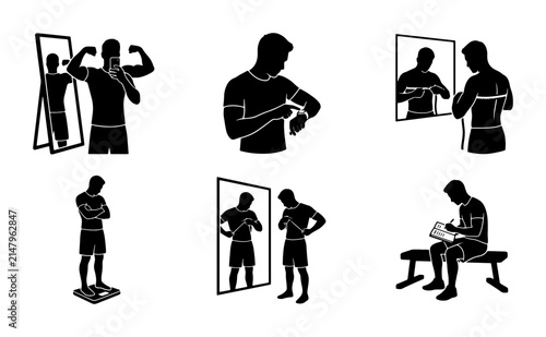 Bodybuilding Progress, Fitness Measurement, Silhouette Icons Set: Gym, Health, Weight Loss, Strength