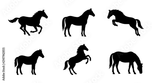 Horse Silhouettes Collection: Galloping, Rearing, Grazing Equine Poses, Black Vector Icons
