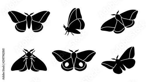 Six Black Moth Silhouettes, Insect Icons, Nocturnal Butterfly Graphics, Vector Art Collection