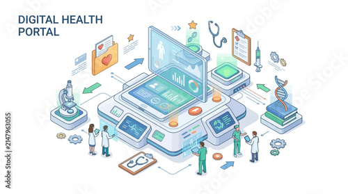 Isometric digital health portal and medical data analysis illustration
