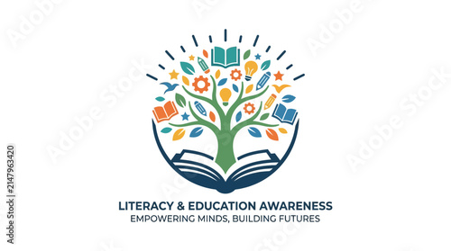 Vector illustration of a knowledge tree growing from an open book for education and literacy concept.