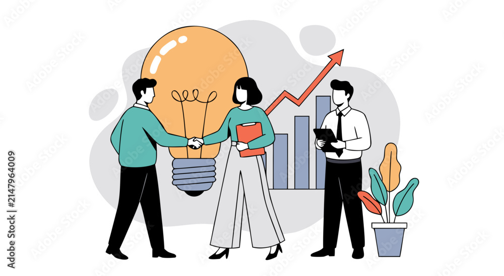 Fototapeta premium Modern Business Success Design Illustration Vector Showing Professionals Shaking Hands Before A Growing Graph With A Creative Lightbulb Idea