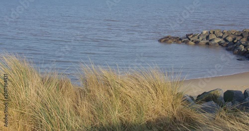 wide zoom shot of rock Groynes and marram grass, at Hopton holiday village