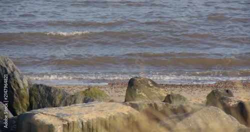 Shot of rocks, sea and marram grass