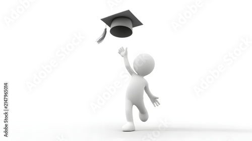 Minimalist 3D character joyfully tossing a graduation cap, celebrating academic success, achievement, education milestone, and bright future on a white background.