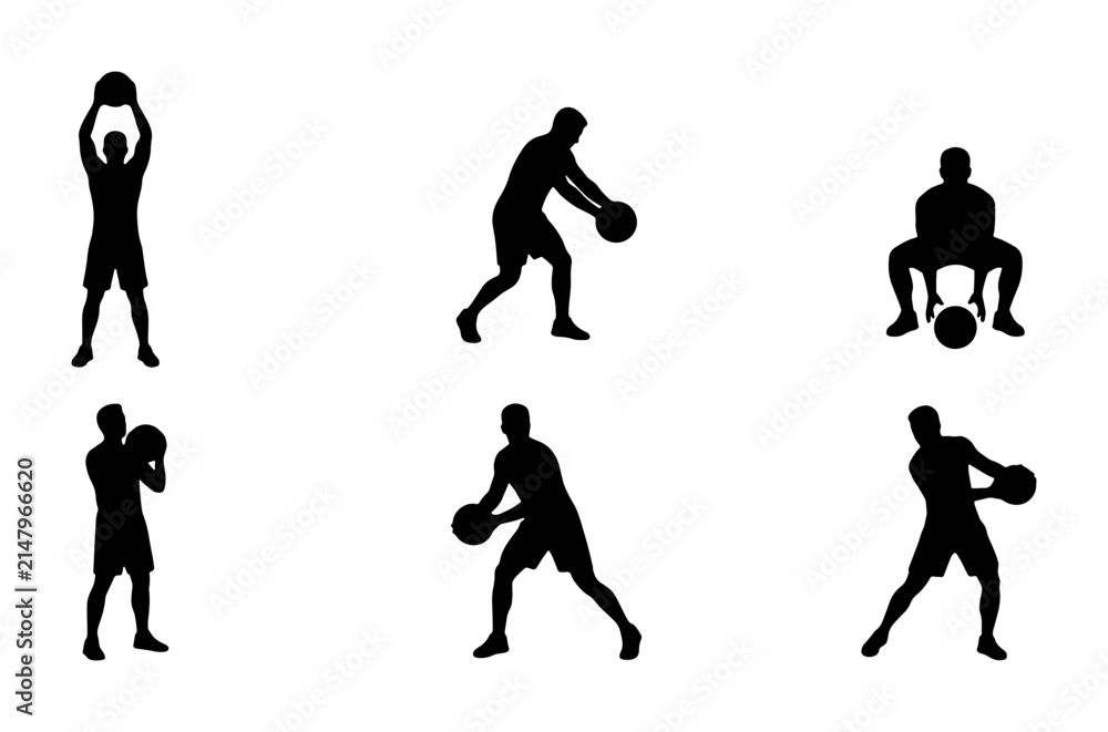 Obraz premium Silhouette Athletes, Basketball Player Poses, Dynamic Sports Action Vector Set
