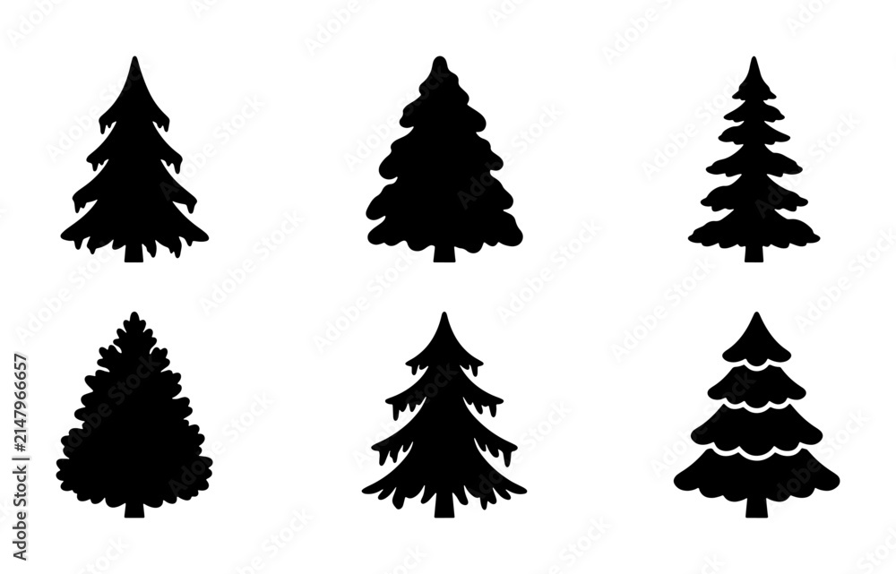Obraz premium Six Black Silhouette Evergreen Trees, Pine Conifer Vector Icons, Forest Nature Elements