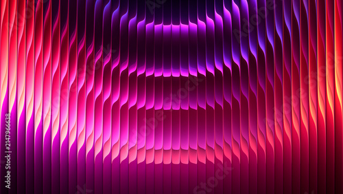 Circular gradient refracted through ribbed glass with luminous pink purple glow. Futuristic glowing circles behind vertical fluted glass for creative advertising background, digital design. 3d render