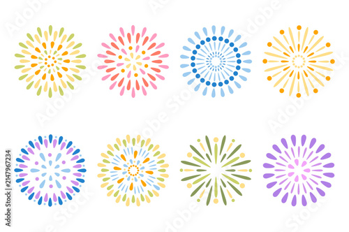 Set of summer fireworks vector illustration. Collection of blue, light green, red, orange fireworks. Art design suitable for decoration, print, poster, banner, wallpaper, card, cover.