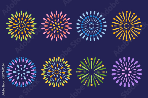 Set of summer fireworks vector illustration. Collection of blue, light green, red, orange fireworks. Art design suitable for decoration, print, poster, banner, wallpaper, card, cover.