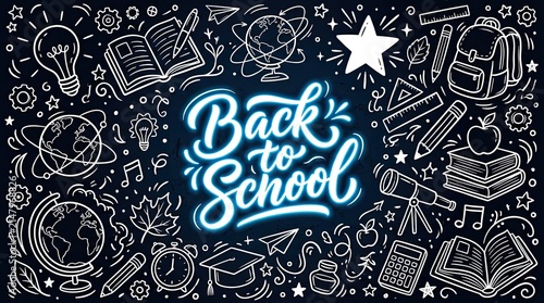 Back to School Illustration With Educational Sketch Elements and Neon Text