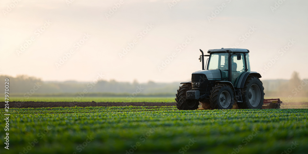 Fototapeta premium Tractor working on green farmland field