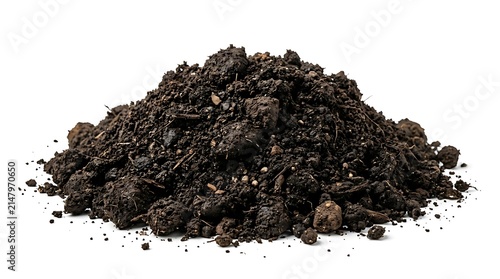 A heap of dark organic potting soil isolated on a white background.