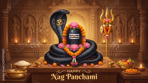 Cobra Worship Surrounding Sacred Shiva Linga in Ancient Temple With Floral Offerings Divine Illumination for Festival Promotion