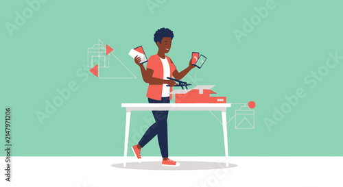 Multitasking creative professional juggling multiple projects with digital tools.