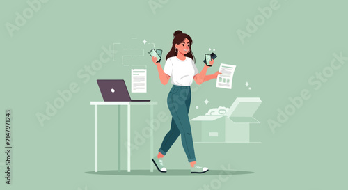 Multitasking Woman with gadgets, laptop, documents and printer in office.