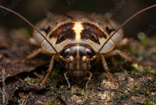 Frontal extreme macro portrait of a forest cockroach head