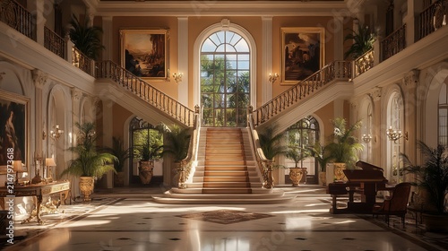 Sunlit grand hall with double staircase, marble floors, and classical paintings