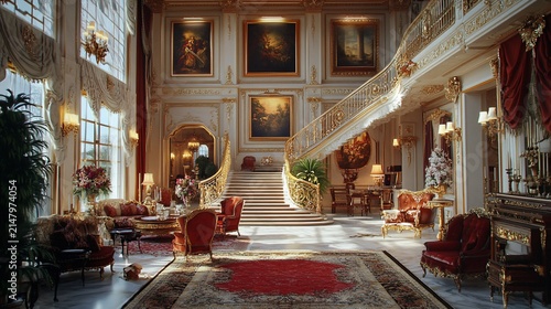 Sunlit grand hall with ornate staircase, opulent furnishings, and classical paintings