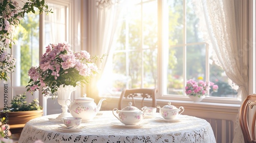 Sunlit room, tea set, roses, lace tablecloth