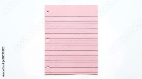 Blank pink lined notebook paper sheet on white background.