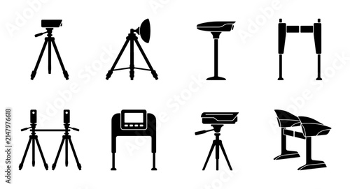 Bild auf Leinwand Photography Equipment Icons: Tripods, Stands, and Lighting Gear Set